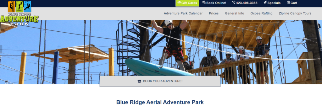 Homepage of the Blue Ridge Adventure Park zip lining Website / blueridgeadventurepark.com