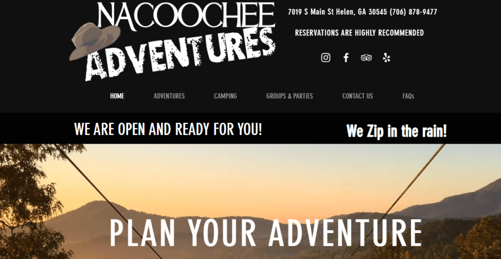 Homepage of the Nacoochee Adventures zip lining Website / nacoocheeadventures.com