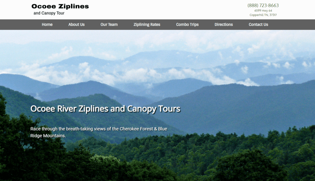 Homepage of the Ocoee Ziplines and Canopy Tours zip lining Website / ocoeeziplines.com